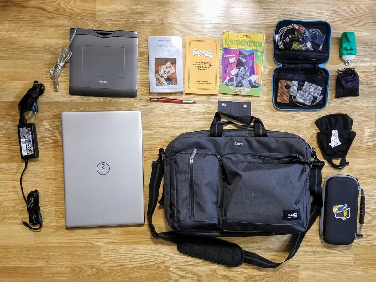 Backpack with contents laid out on floor.