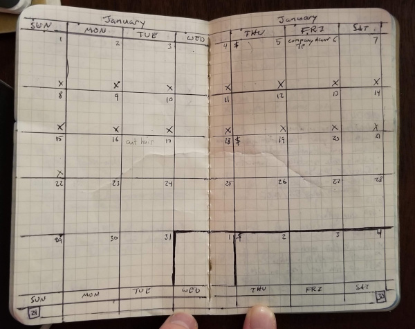 Hand drawn calendar in a notebook