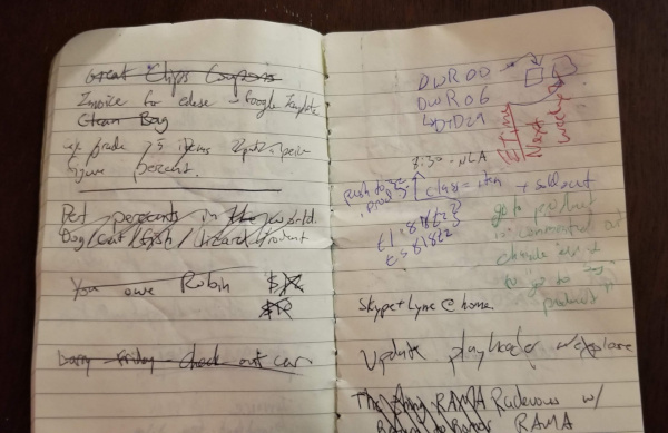 Inside of notebook with many crossed off lines.