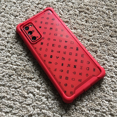 red cell phone back showing a multitude of icons.