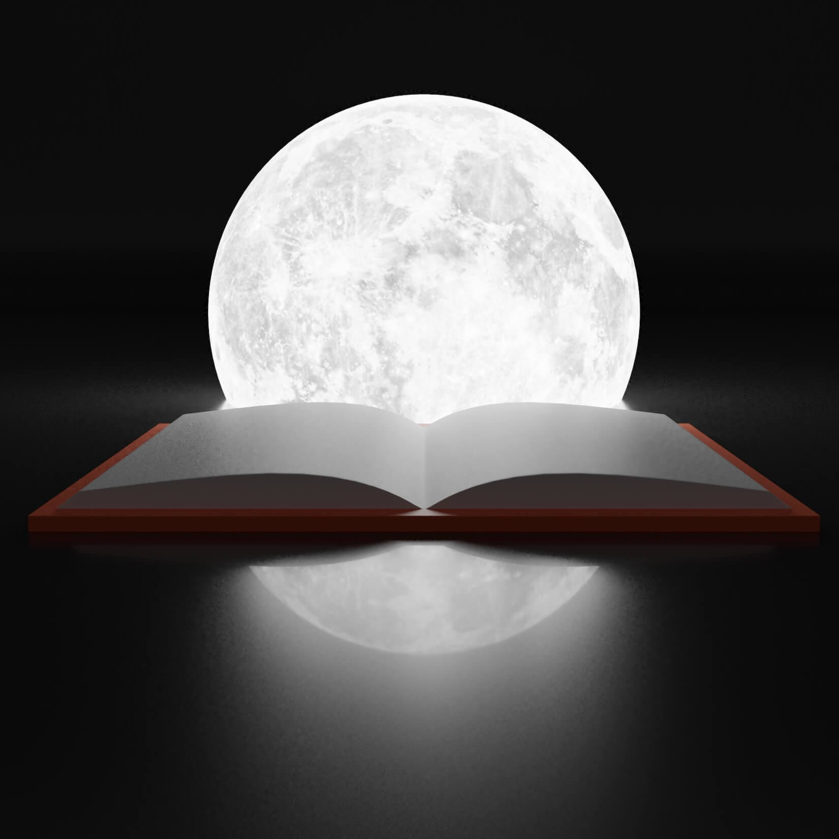 A 3d render of a moon cresting over an open book.